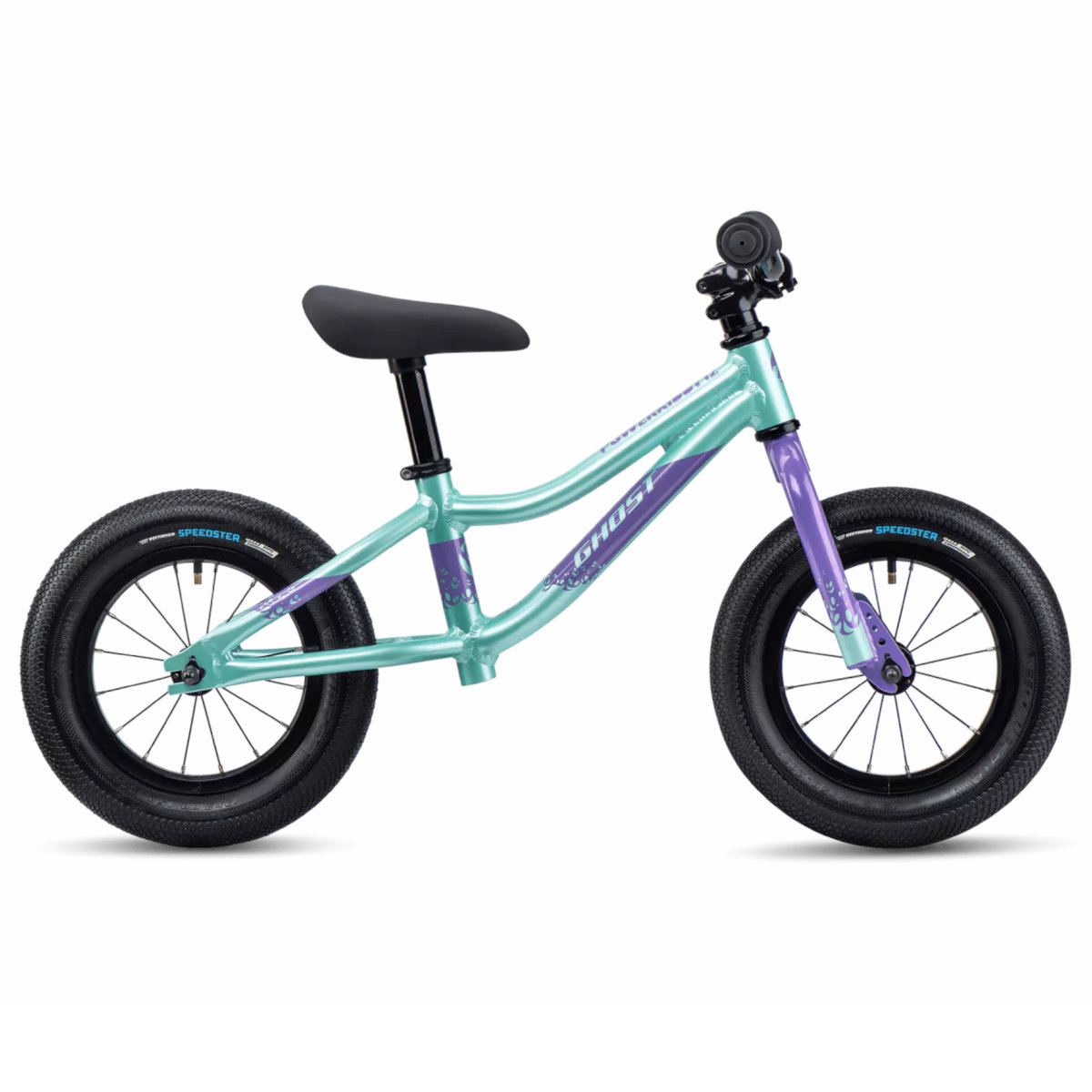 93pk1003-ghost-powerkiddy-12-mint-1495013.jpg Ghost Powerkiddy - 12" Children's Running Bike - 2023 - mint / metallic glossy purple - Image 1